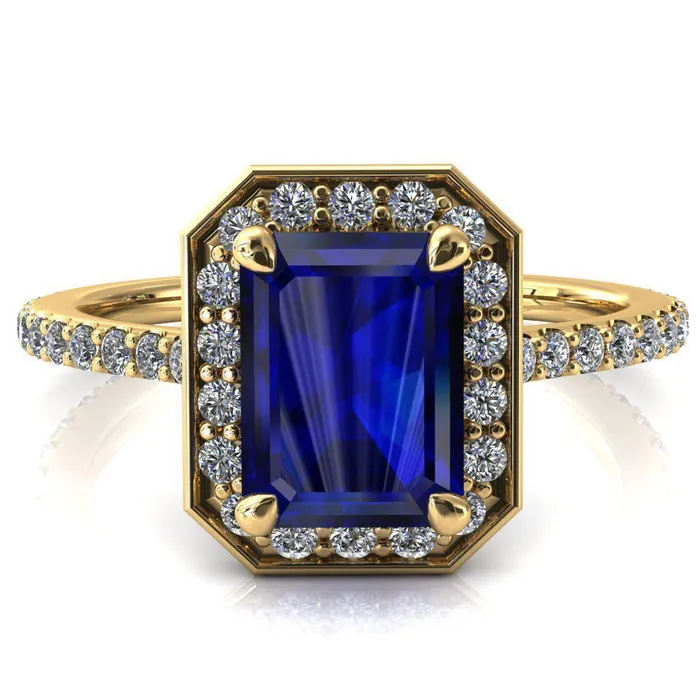 Rings Fire Brilliance Valma Emerald Blue Sapphire Floating Diamond Halo and Sides Ring