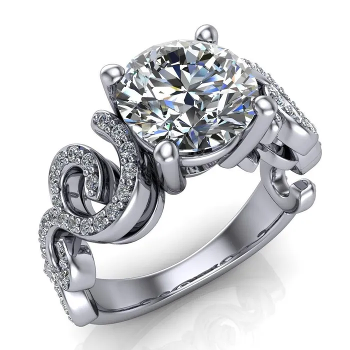 Rings Katie Round Center Stone Swirl Shank Micro Pave Diamond Accent Shoulder Ring Fire Brilliance 