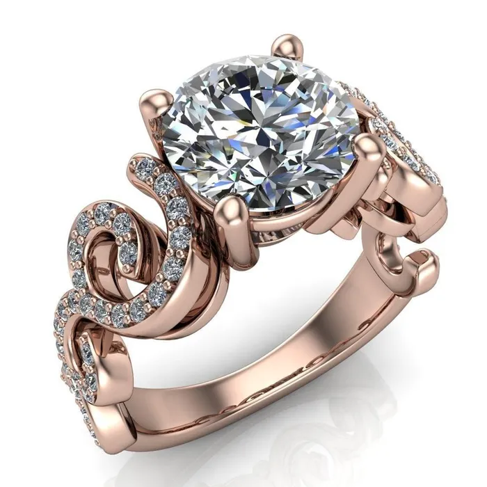 Rings Katie Round Center Stone Swirl Shank Micro Pave Diamond Accent Shoulder Ring Fire Brilliance 