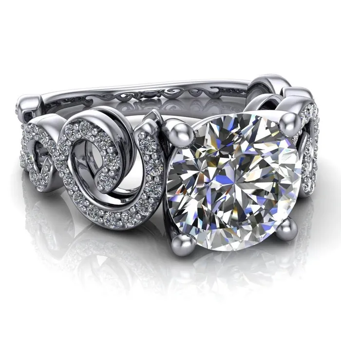 Rings Katie Round Center Stone Swirl Shank Micro Pave Diamond Accent Shoulder Ring Fire Brilliance 