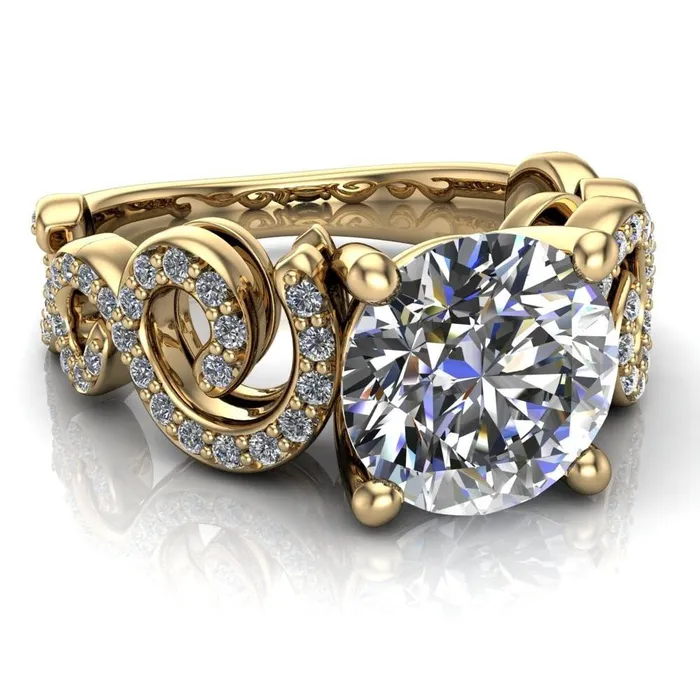 Rings Katie Round Center Stone Swirl Shank Micro Pave Diamond Accent Shoulder Ring Fire Brilliance 