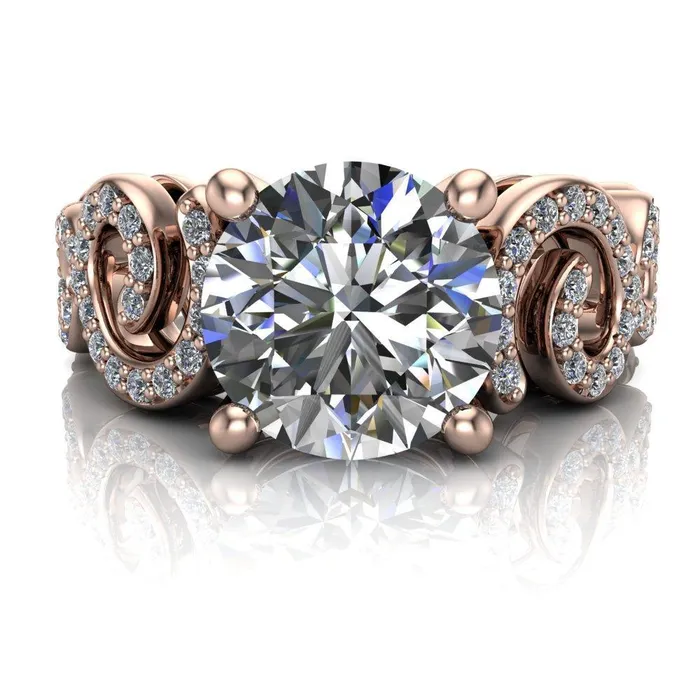 Rings Katie Round Center Stone Swirl Shank Micro Pave Diamond Accent Shoulder Ring Fire Brilliance 