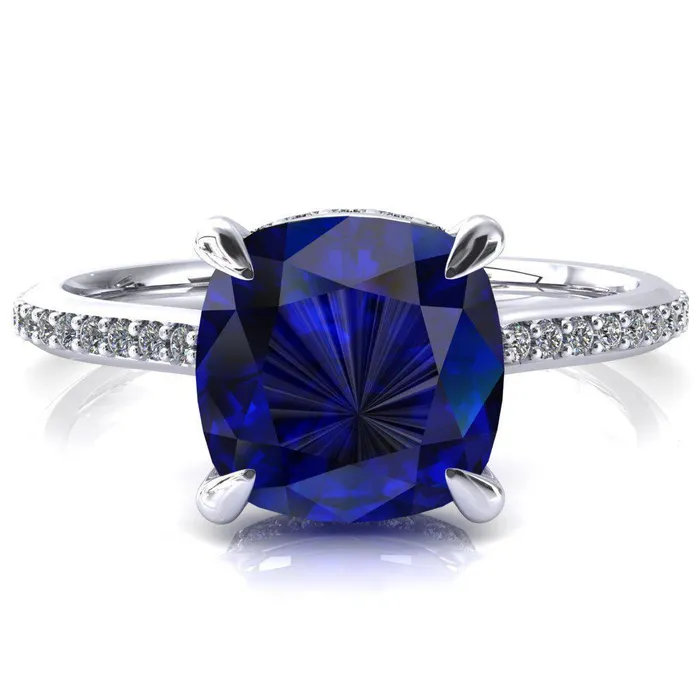 Rings Kiki Cushion Blue Sapphire 4 Prongs Claw Floating Halo 12 Pinpoint Inverted Cathedral Ring Fire Brilliance Rings Kiki Cushion Blue Sapphire 4 Prongs Claw Floating Halo 12 Pinpoint Inverted Cathedral Ring Fire Brilliance