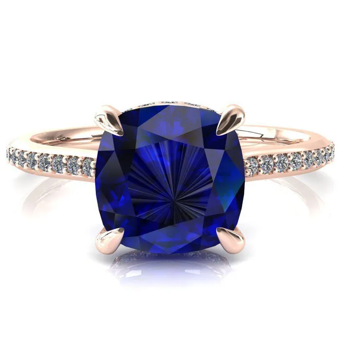 Rings Kiki Cushion Blue Sapphire 4 Prongs Claw Floating Halo 12 Pinpoint Inverted Cathedral Ring Fire Brilliance 