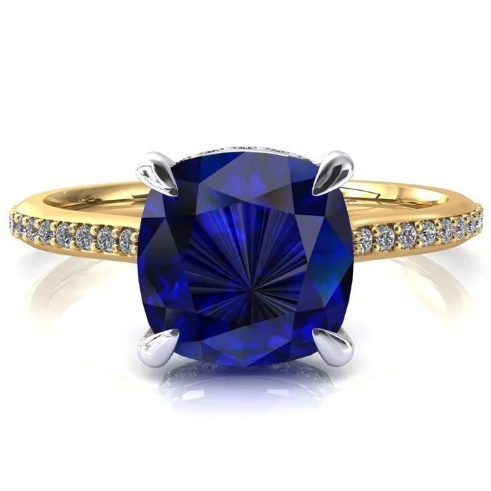Rings Kiki Cushion Blue Sapphire 4 Prongs Claw Floating Halo 12 Pinpoint Inverted Cathedral Ring Fire Brilliance 