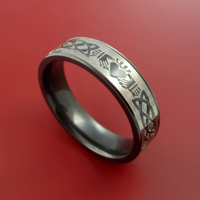 Rings Lashbrook Black Zirconium Ring with Claddagh Milled Celtic Design Inlay Custom Made Band Rings Lashbrook Black Zirconium Ring with Claddagh Milled Celtic Design Inlay Custom Made Band
