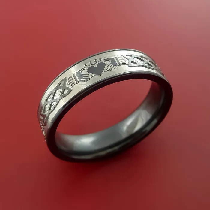 Rings Lashbrook Black Zirconium Ring with Claddagh Milled Celtic Design Inlay Custom Made Band Rings Lashbrook Black Zirconium Ring with Claddagh Milled Celtic Design Inlay Custom Made Band