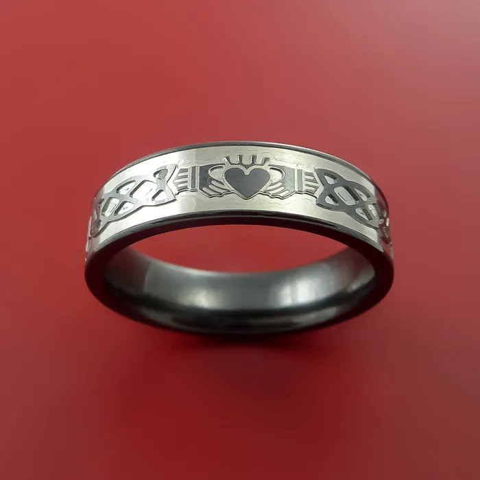 Rings Lashbrook Black Zirconium Ring with Claddagh Milled Celtic Design Inlay Custom Made Band Rings Lashbrook Black Zirconium Ring with Claddagh Milled Celtic Design Inlay Custom Made Band