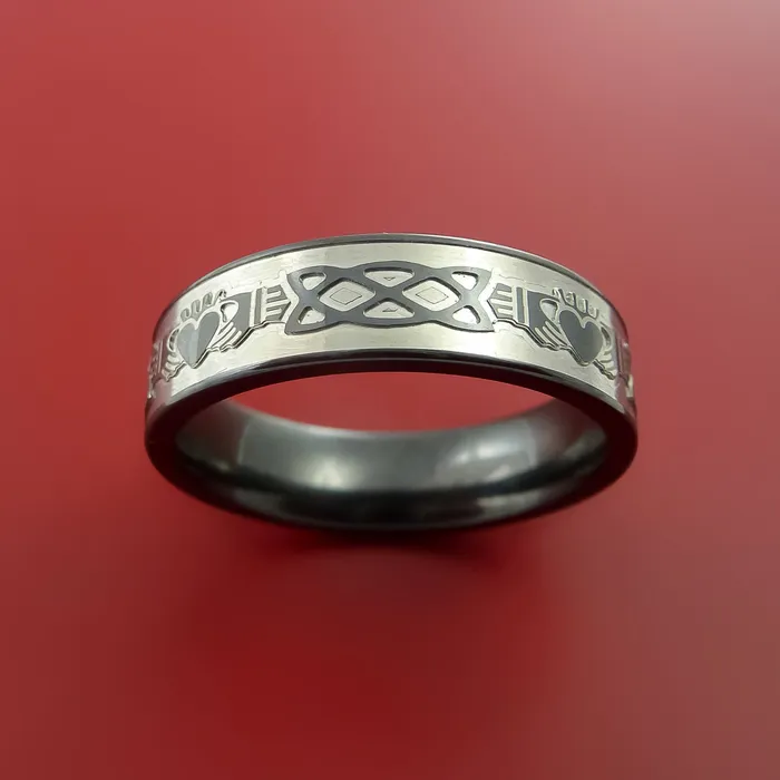 Rings Lashbrook Black Zirconium Ring with Claddagh Milled Celtic Design Inlay Custom Made Band Rings Lashbrook Black Zirconium Ring with Claddagh Milled Celtic Design Inlay Custom Made Band