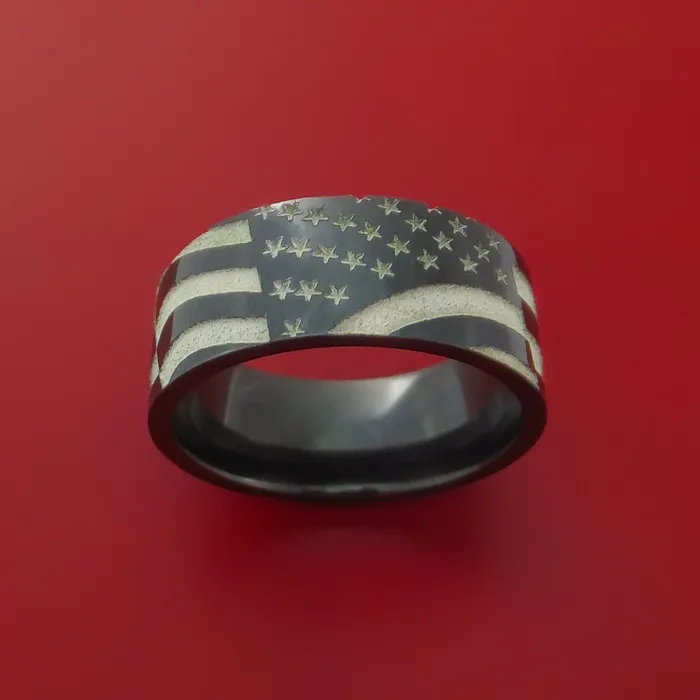 Rings Lashbrook Black Zirconium Ring with LaserEtched American Flag Inlay Custom Made Band Rings Lashbrook Black Zirconium Ring with LaserEtched American Flag Inlay Custom Made Band