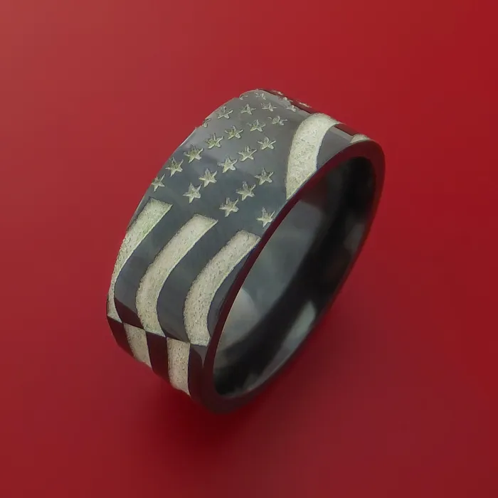 Rings Lashbrook Black Zirconium Ring with LaserEtched American Flag Inlay Custom Made Band Rings Lashbrook Black Zirconium Ring with LaserEtched American Flag Inlay Custom Made Band