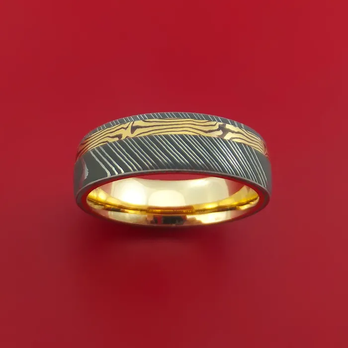 Rings Lashbrook Damascus Steel Ring with 18k Yellow Gold Mokume Shakudo Inlay and Interior 14k Yellow Gold Sleeve Custom Made Band