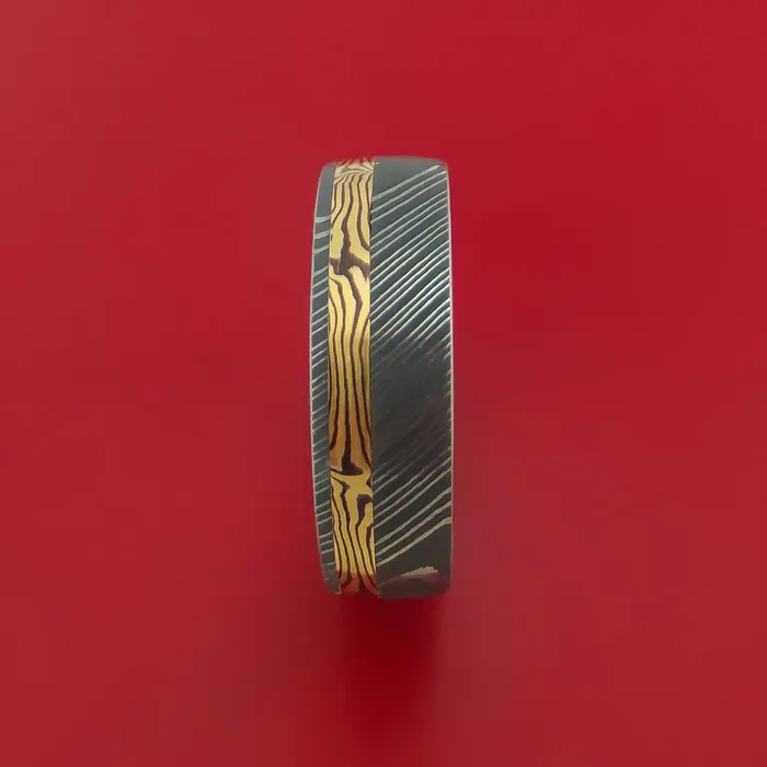 Rings Lashbrook Damascus Steel Ring with 18k Yellow Gold Mokume Shakudo Inlay and Interior 14k Yellow Gold Sleeve Custom Made Band