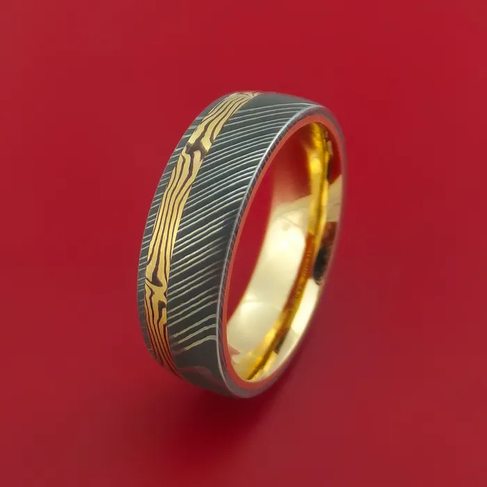 Rings Lashbrook Damascus Steel Ring with 18k Yellow Gold Mokume Shakudo Inlay and Interior 14k Yellow Gold Sleeve Custom Made Band