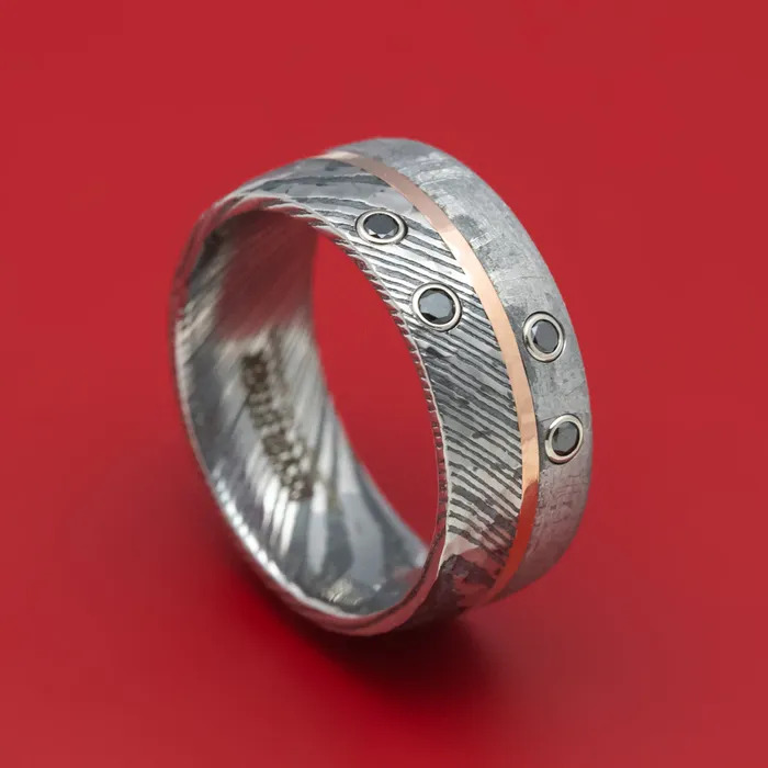 Rings Lashbrook Kuro Damascus Steel Meteorite Ring with Gold and Black Diamonds Custom Made Band Rings Lashbrook Kuro Damascus Steel Meteorite Ring with Gold and Black Diamonds Custom Made Band