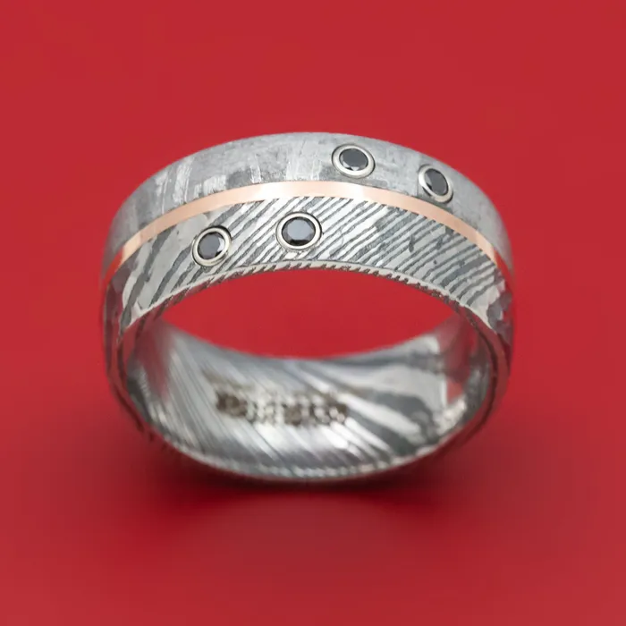 Rings Lashbrook Kuro Damascus Steel Meteorite Ring with Gold and Black Diamonds Custom Made Band Rings Lashbrook Kuro Damascus Steel Meteorite Ring with Gold and Black Diamonds Custom Made Band