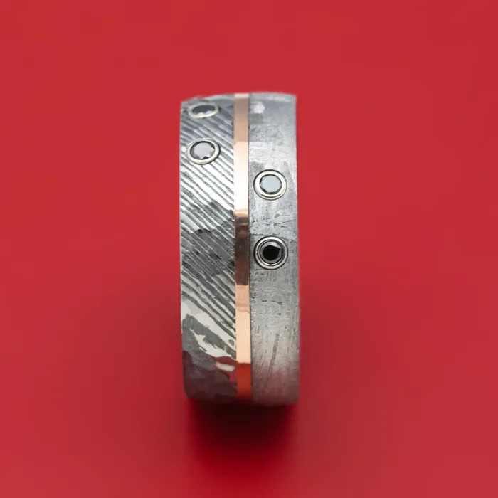 Rings Lashbrook Kuro Damascus Steel Meteorite Ring with Gold and Black Diamonds Custom Made Band Rings Lashbrook Kuro Damascus Steel Meteorite Ring with Gold and Black Diamonds Custom Made Band