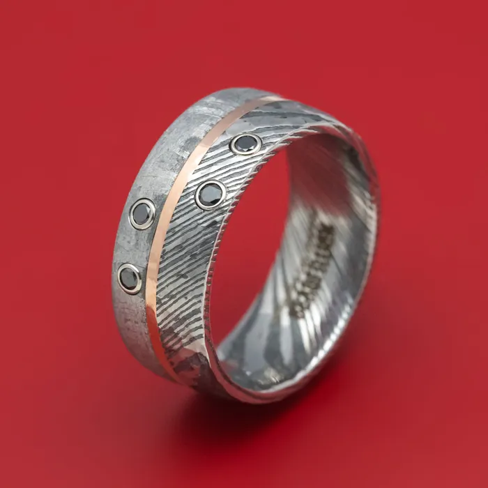 Rings Lashbrook Kuro Damascus Steel Meteorite Ring with Gold and Black Diamonds Custom Made Band Rings Lashbrook Kuro Damascus Steel Meteorite Ring with Gold and Black Diamonds Custom Made Band