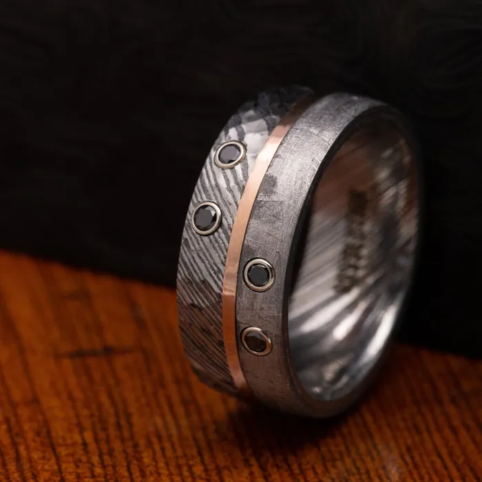 Rings Lashbrook Kuro Damascus Steel Meteorite Ring with Gold and Black Diamonds Custom Made Band Rings Lashbrook Kuro Damascus Steel Meteorite Ring with Gold and Black Diamonds Custom Made Band