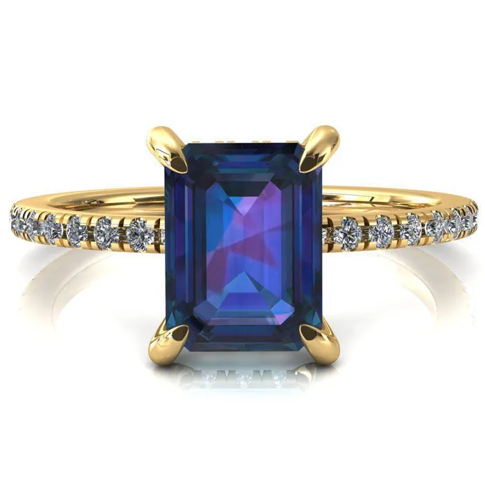 Rings Mayeli Emerald Alexandrite 4 Claw Prong Micro Pave Diamond Sides Engagement Ring Fire Brilliance 