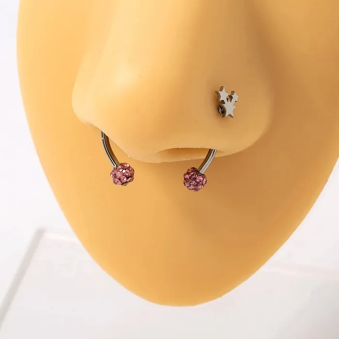 Rings P02 Silver Pink Rhinestone MAGNETIC Nose Septum Ring Plus Star Nose Stud Piercing 01