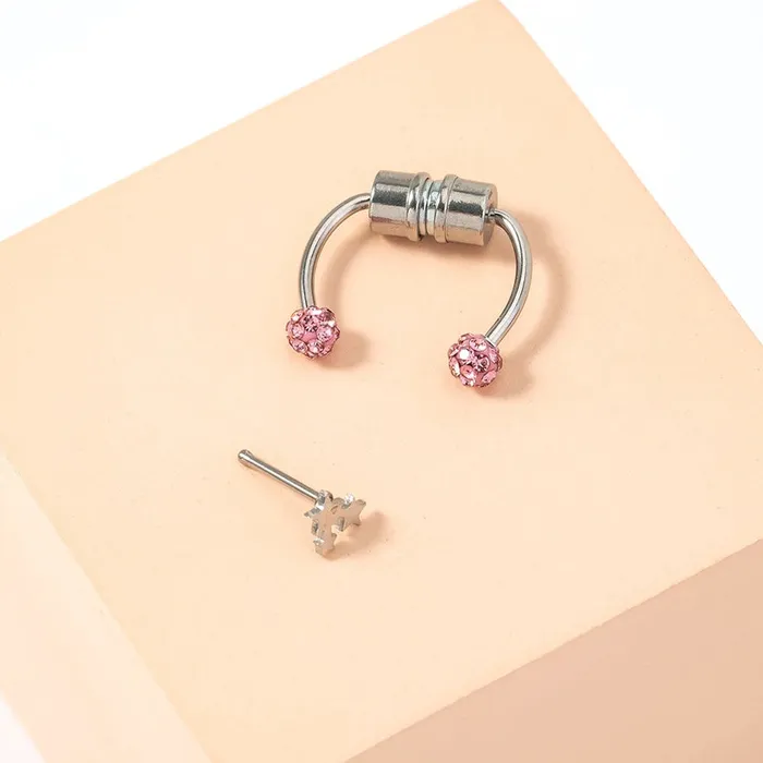 Rings P02 Silver Pink Rhinestone MAGNETIC Nose Septum Ring Plus Star Nose Stud Piercing 01