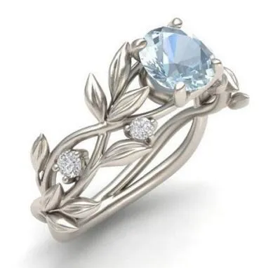 Rings R350 Silver Vine Leaf Light Blue Gem Ring 01