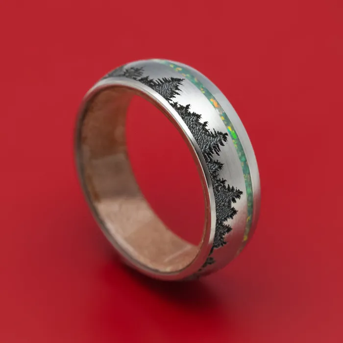 Rings Titanium and Opal Ring with Tree Design and Wood Sleeve Custom Made Band Lashbrook Rings Titanium and Opal Ring with Tree Design and Wood Sleeve Custom Made Band Lashbrook