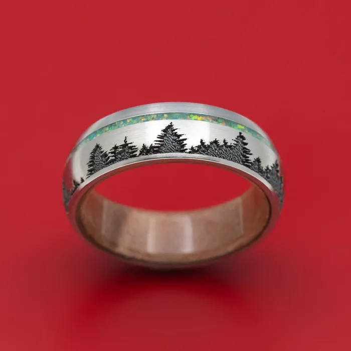 Rings Titanium and Opal Ring with Tree Design and Wood Sleeve Custom Made Band Lashbrook Rings Titanium and Opal Ring with Tree Design and Wood Sleeve Custom Made Band Lashbrook