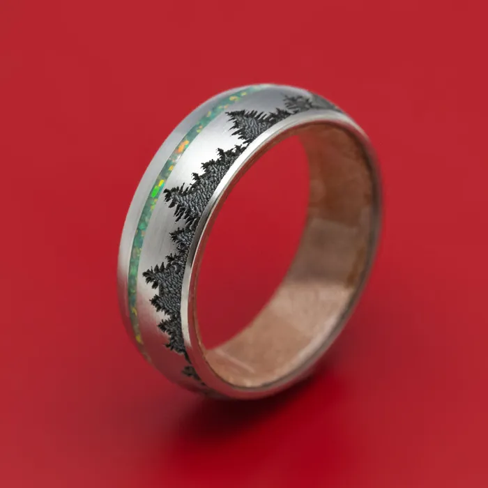 Rings Titanium and Opal Ring with Tree Design and Wood Sleeve Custom Made Band Lashbrook Rings Titanium and Opal Ring with Tree Design and Wood Sleeve Custom Made Band Lashbrook