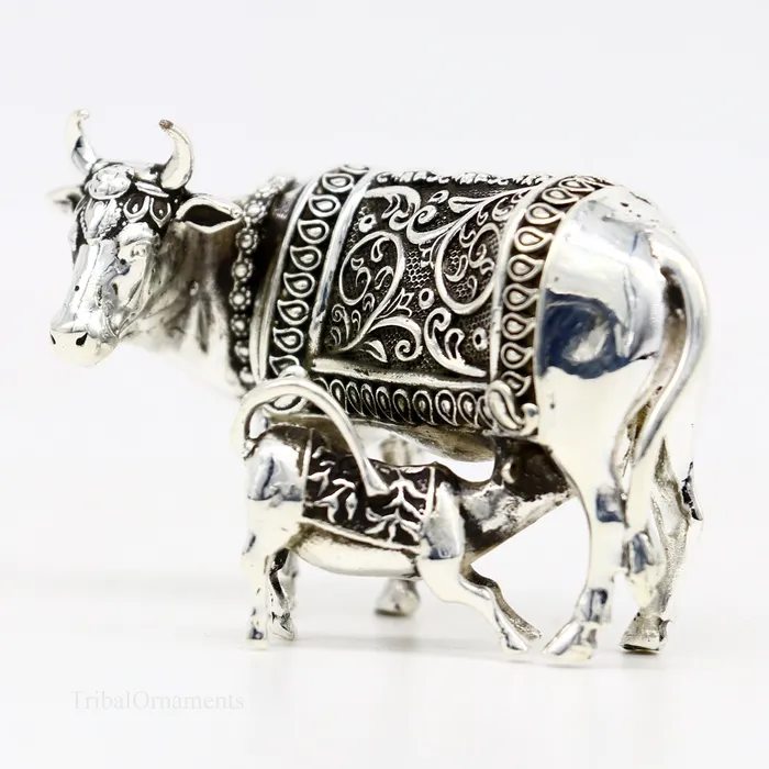 Rings TRIBAL ORNAMENTS Divine cow with calf 925 sterling silver vintage Nakshi work design Kamdhenu cow deitys cow wishing cow silver worshipping puja stb120
