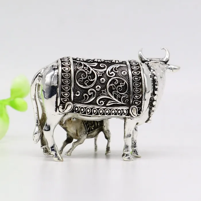 Rings TRIBAL ORNAMENTS Divine cow with calf 925 sterling silver vintage Nakshi work design Kamdhenu cow deitys cow wishing cow silver worshipping puja stb120