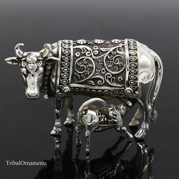 Rings TRIBAL ORNAMENTS Divine cow with calf 925 sterling silver vintage Nakshi work design Kamdhenu cow deitys cow wishing cow silver worshipping puja stb120