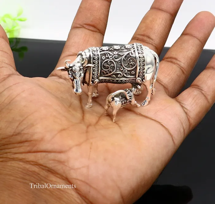 Rings TRIBAL ORNAMENTS Divine cow with calf 925 sterling silver vintage Nakshi work design Kamdhenu cow deitys cow wishing cow silver worshipping puja stb120