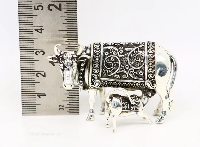 Rings TRIBAL ORNAMENTS Divine cow with calf 925 sterling silver vintage Nakshi work design Kamdhenu cow deitys cow wishing cow silver worshipping puja stb120
