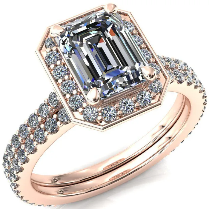 Rings Valma Emerald Moissanite Floating Diamond Halo and Sides Ring Fire Brilliance Rings Valma Emerald Moissanite Floating Diamond Halo and Sides Ring Fire Brilliance