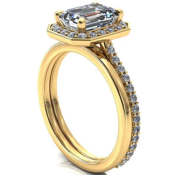 Rings Valma Emerald Moissanite Floating Diamond Halo and Sides Ring Fire Brilliance 
