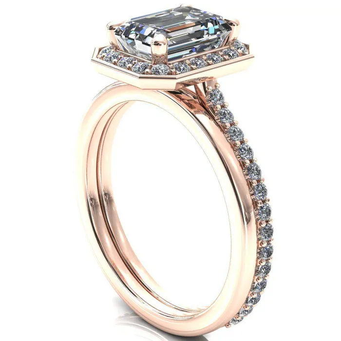 Rings Valma Emerald Moissanite Floating Diamond Halo and Sides Ring Fire Brilliance 
