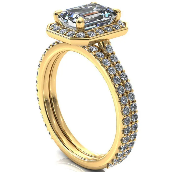 Rings Valma Emerald Moissanite Floating Diamond Halo and Sides Ring Fire Brilliance 