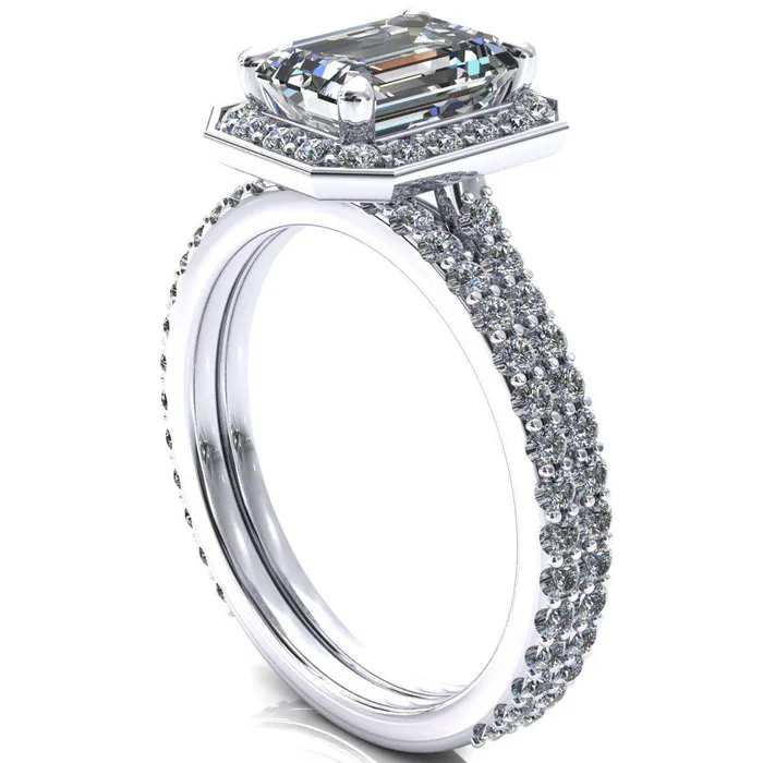 Rings Valma Emerald Moissanite Floating Diamond Halo and Sides Ring Fire Brilliance 