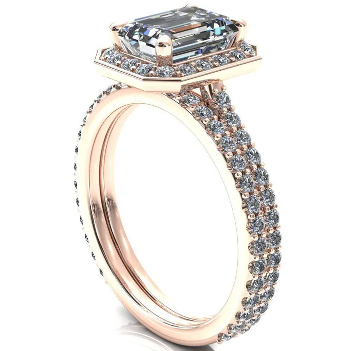 Rings Valma Emerald Moissanite Floating Diamond Halo and Sides Ring Fire Brilliance 