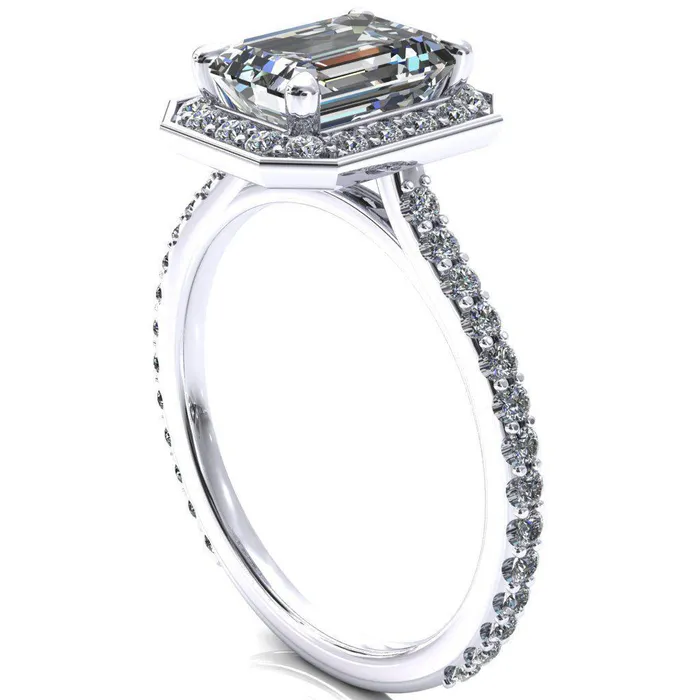 Rings Valma Emerald Moissanite Floating Diamond Halo and Sides Ring Fire Brilliance 