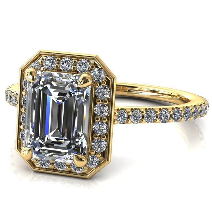 Rings Valma Emerald Moissanite Floating Diamond Halo and Sides Ring Fire Brilliance 