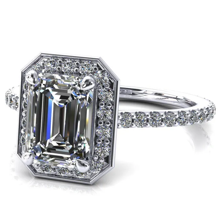 Rings Valma Emerald Moissanite Floating Diamond Halo and Sides Ring Fire Brilliance 