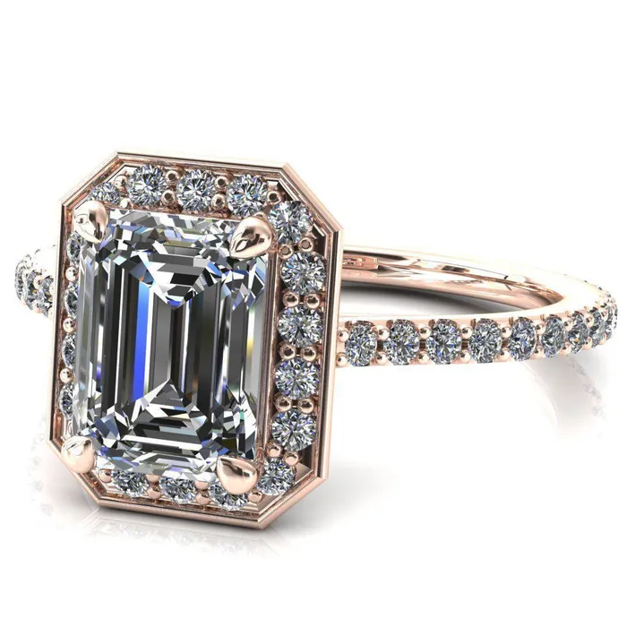 Rings Valma Emerald Moissanite Floating Diamond Halo and Sides Ring Fire Brilliance 