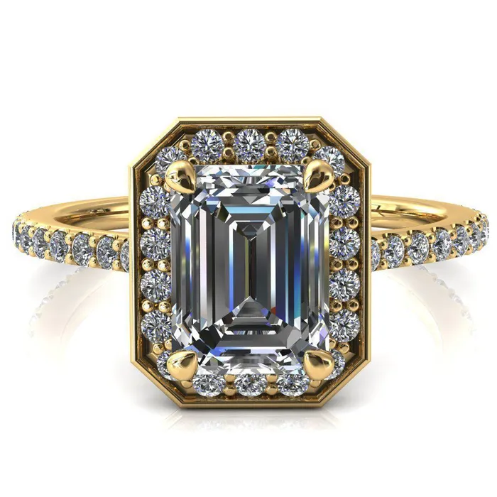 Rings Valma Emerald Moissanite Floating Diamond Halo and Sides Ring Fire Brilliance 