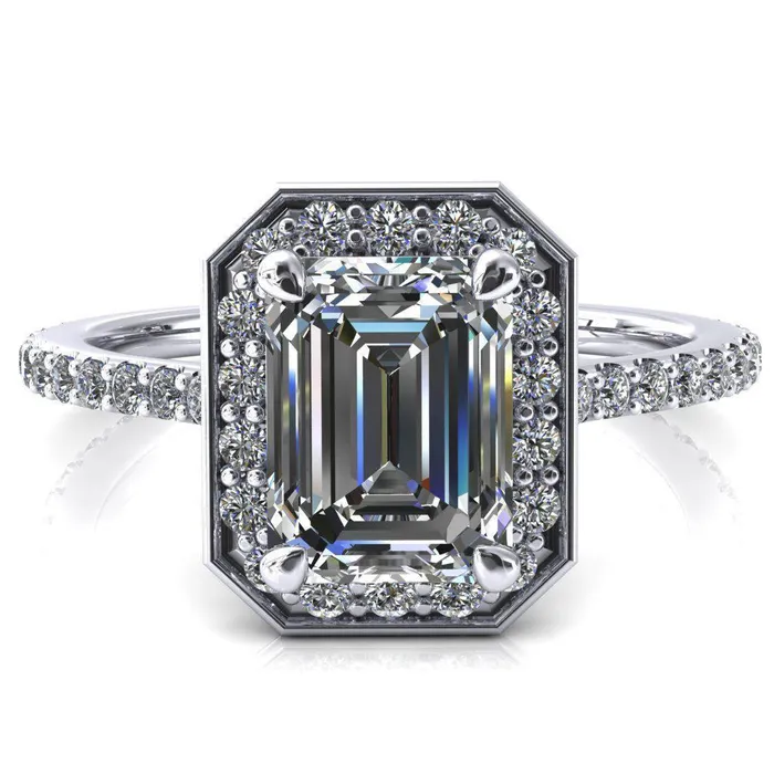Rings Valma Emerald Moissanite Floating Diamond Halo and Sides Ring Fire Brilliance 
