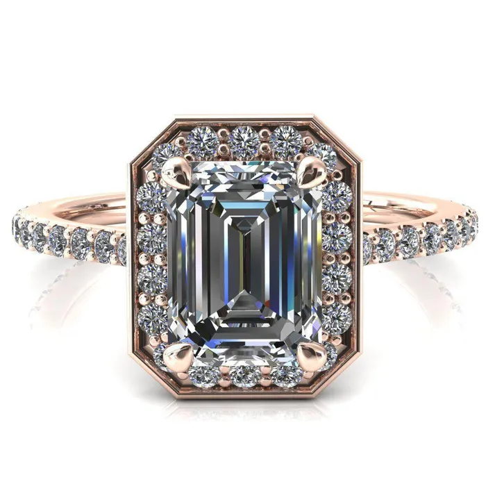 Rings Valma Emerald Moissanite Floating Diamond Halo and Sides Ring Fire Brilliance 