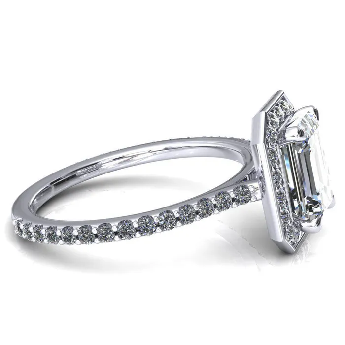 Rings Valma Emerald Moissanite Floating Diamond Halo and Sides Ring Fire Brilliance 