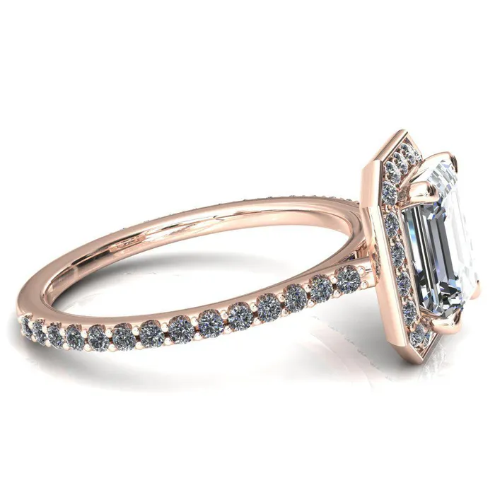 Rings Valma Emerald Moissanite Floating Diamond Halo and Sides Ring Fire Brilliance 